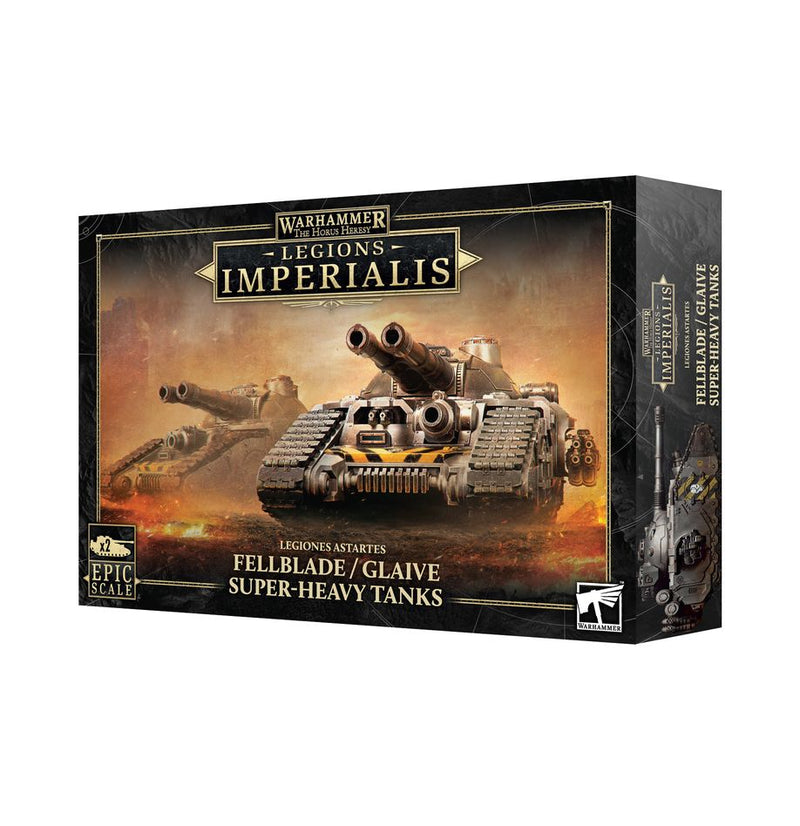 The Horus Heresy: Legions Imperialis: Fellblade & Felglaive Super-Heavy Tanks box features two plastic tank miniatures on black and gold artwork. Assembly required.