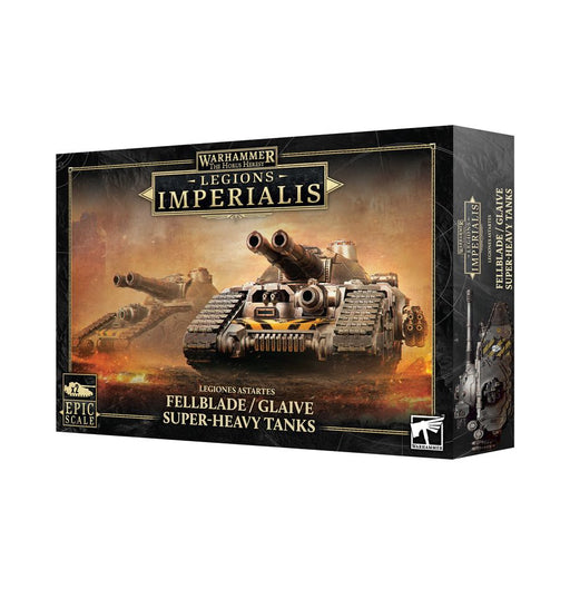 The Horus Heresy: Legions Imperialis: Fellblade & Felglaive Super-Heavy Tanks box features two plastic tank miniatures on black and gold artwork. Assembly required.