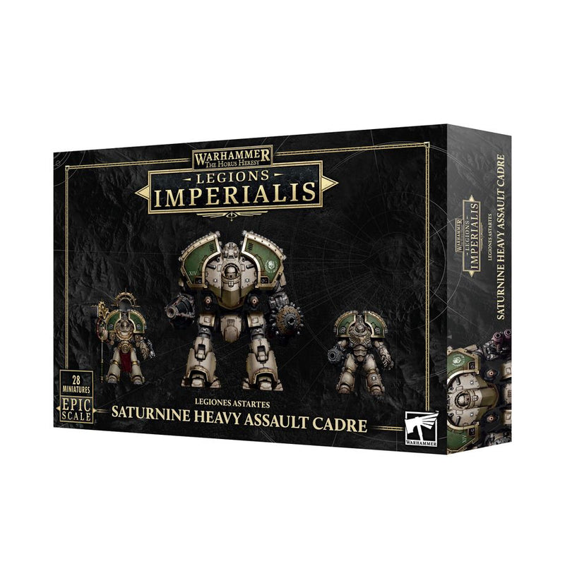 The Horus Heresy: Legions Imperialis Saturnine Heavy Assault Cadre box set features 28 green and silver Terminator miniatures, with the Games Workshop logo displayed.