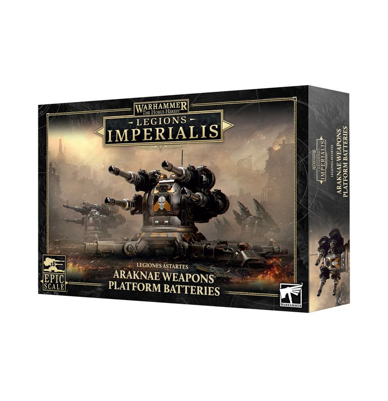 The Horus Heresy: Legions Imperialis: Araknae Weapons Platform Batteries box includes plastic components to build futuristic armored vehicle miniatures with heavy guns for war-torn battlefield settings.