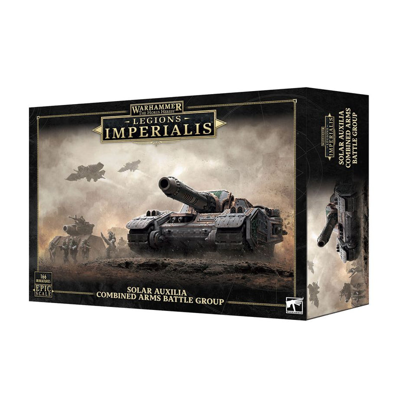 The Horus Heresy: Legions Imperialis: Solar Auxilia Combined Arms Battle Group box set by Games Workshop displays illustrated tanks and aircraft on the front, with bold branding on a black background.