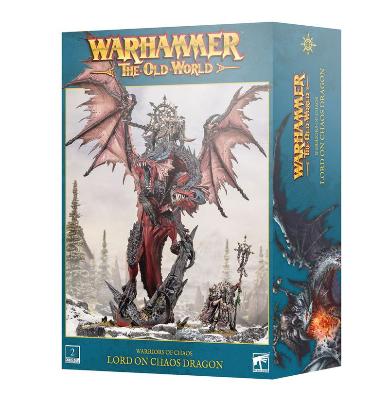 Warhammer The Old World: Warriors of Chaos – Lord on Chaos Dragon includes a highly detailed red dragon with an armored rider, set in a fantasy landscape. Produced by Games Workshop, this set contains plastic components and comes with a Citadel base.