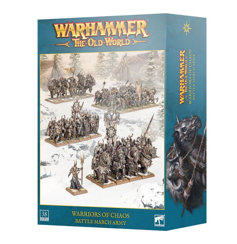 Warhammer The Old World: Warriors of Chaos - Battle March Army set, showcasing Games Workshop’s intricately painted Chaos Warriors miniatures in dynamic battle formation on the front cover.