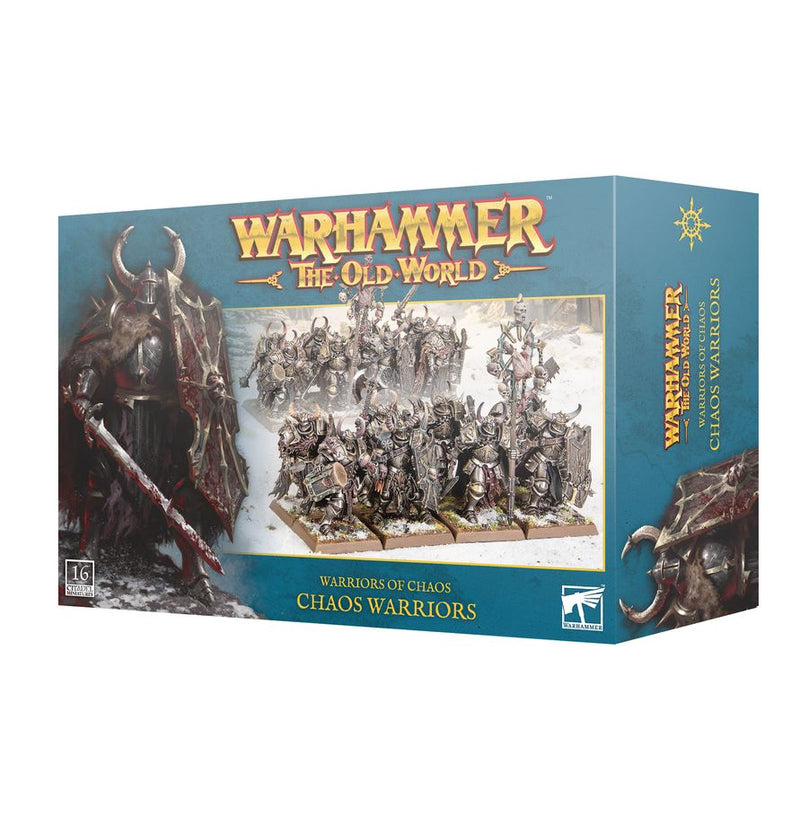 Warhammer The Old World: Warriors of Chaos - Chaos Warriors miniatures box by Games Workshop, featuring painted models of armored warriors with weapons and a prominent large armored figure on the front. Distribution restrictions may apply outside the United States.