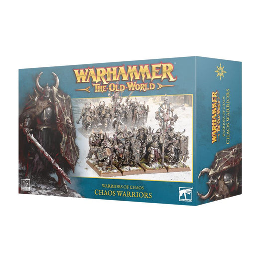 Warhammer The Old World: Warriors of Chaos - Chaos Warriors miniatures box by Games Workshop, featuring painted models of armored warriors with weapons and a prominent large armored figure on the front. Distribution restrictions may apply outside the United States.