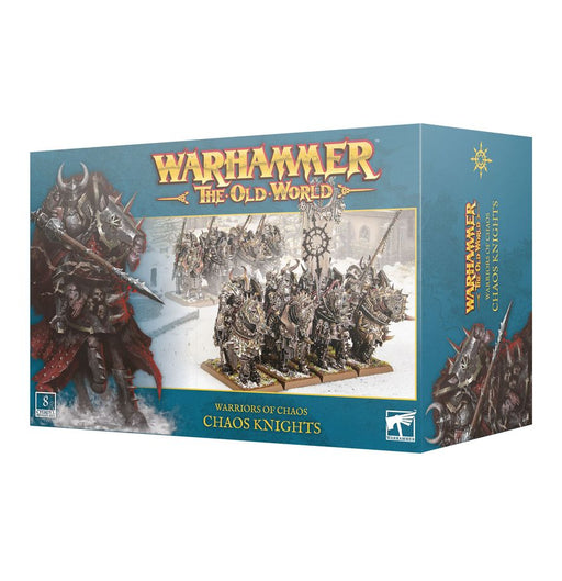 Warhammer The Old World: Warriors of Chaos - Chaos Knights from Games Workshop comes in a blue box featuring striking fantasy artwork and product details, and depicts armored Chaos Knights on horseback navigating a snowy battlefield.