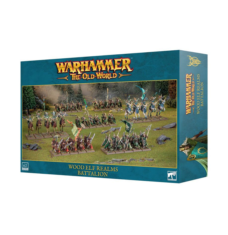 Box of Warhammer The Old World: Wood Elf Realms - Battalion, featuring painted Wood Elf miniatures in a forest setting shown on the front of the packaging.
