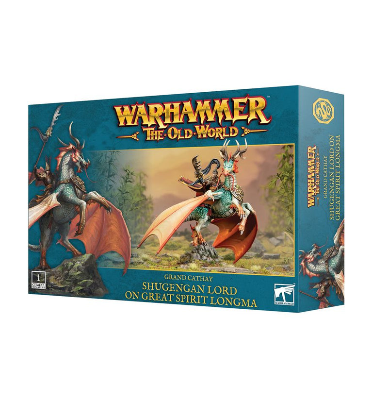 The Warhammer The Old World: Grand Cathay - Shugengan Lord on Great Spirit Longma box depicts a dragon-like winged beast with the ornately armored Shugengan Lord, highlighting their iconic pairing from Grand Cathay.