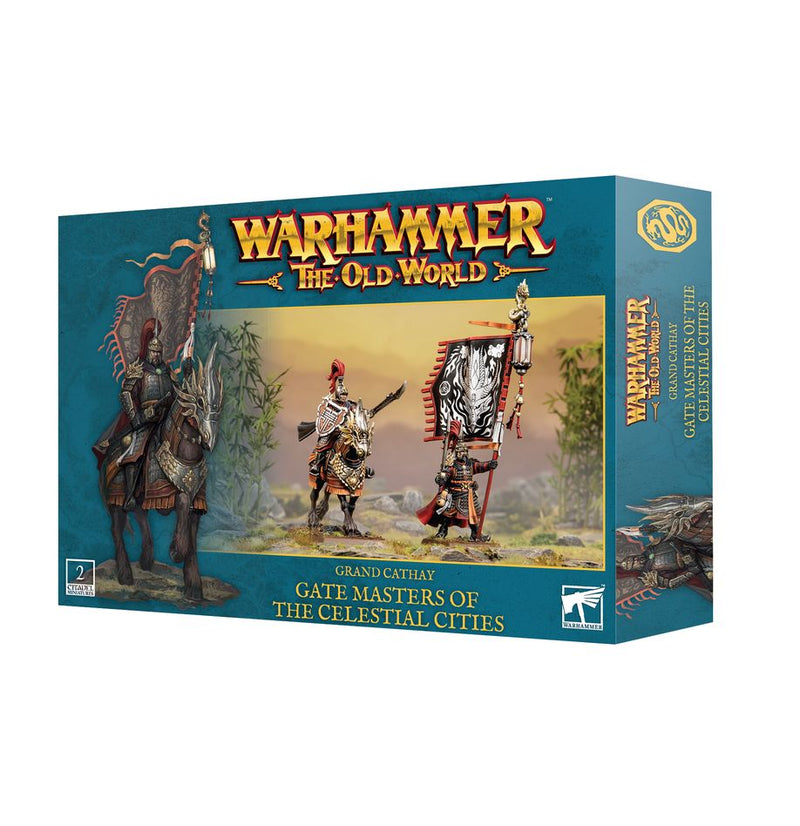 Box art for Warhammer The Old World: Grand Cathay - Gate Masters of the Celestial Cities by Games Workshop, featuring three detailed fantasy warrior miniatures in ornate armor—two standing and one mounted on horseback. Note: Distribution restrictions may apply to shipping within the United States.