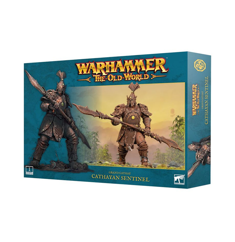 Warhammer The Old World: Grand Cathay - Cathayan Sentinel features a highly detailed fantasy warrior in ornate armor with a large weapon, showcased on striking box artwork.
