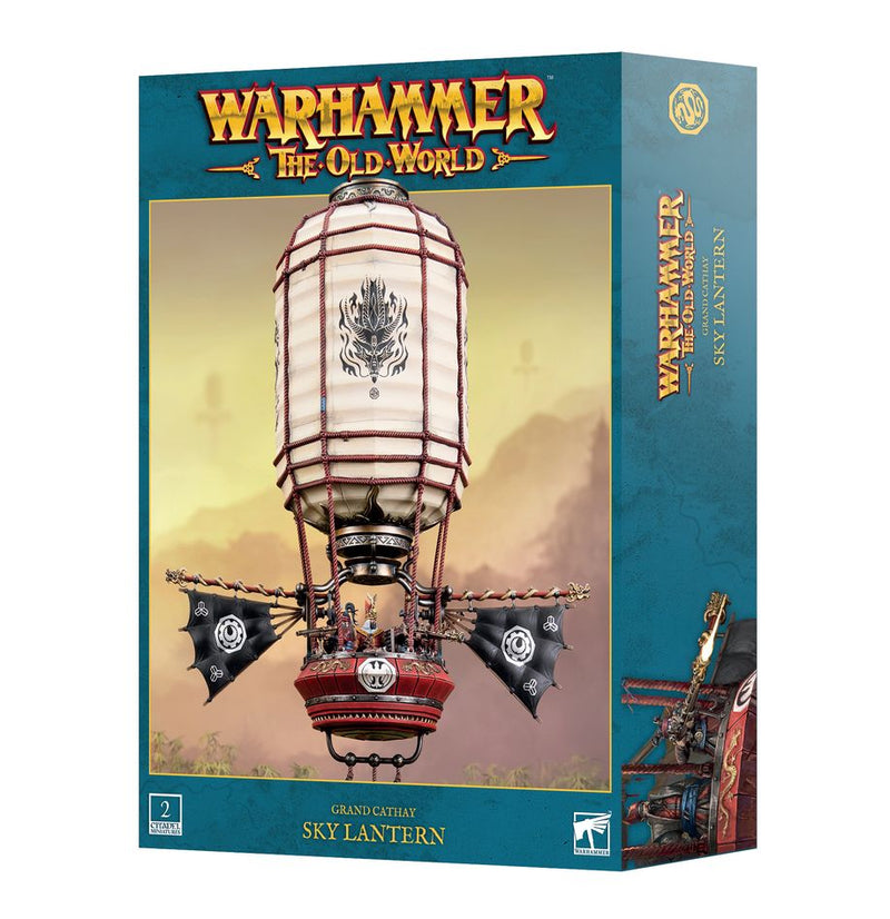 Box art for Warhammer The Old World: Grand Cathay - Sky Lantern, featuring a detailed fantasy airship with a lantern balloon and ornate design, set against a scenic sky backdrop.