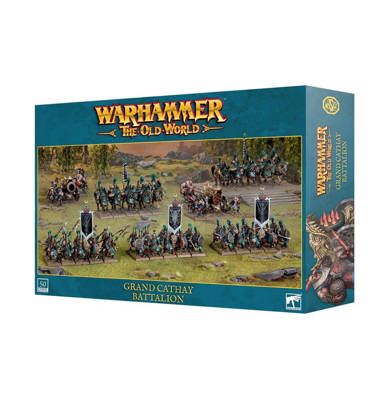 Warhammer The Old World: Grand Cathay - Battalion from Games Workshop, showcasing painted miniature figures in ornate armor with banners, assembled in formation on a fantasy battlefield; distribution restrictions may apply in the United States.