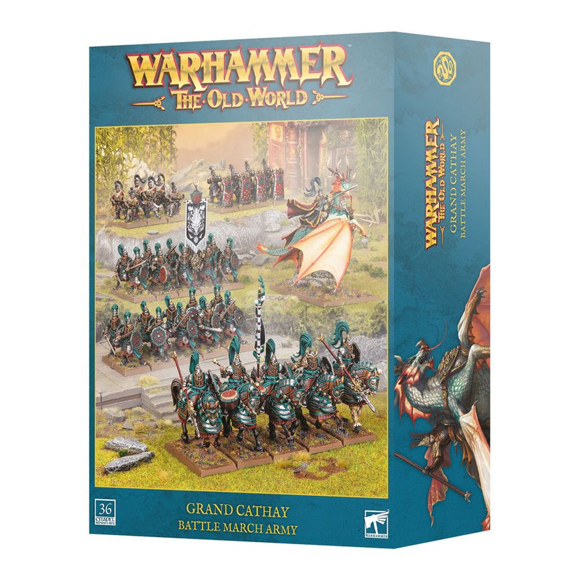 The Warhammer The Old World: Grand Cathay - Battle March Army box features painted Grand Cathay miniature soldiers, cavalry, and a dragon on the front, along with detailed artwork and official Games Workshop branding.