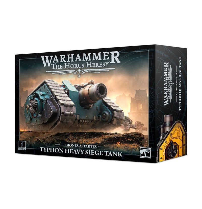 Box of Horus Heresy Legiones Astartes: Typhon Heavy Siege Tank model kit, featuring artwork of a heavily armored blue tank with a large cannon on a battlefield background.
