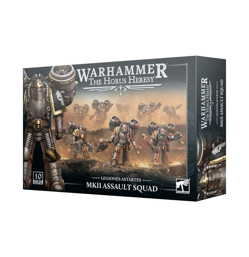 Box of Horus Heresy: Legiones Astartes - MKII Assault Squad by Games Workshop, featuring armored space marines. Includes Citadel 32mm round bases; miniatures assembly required.