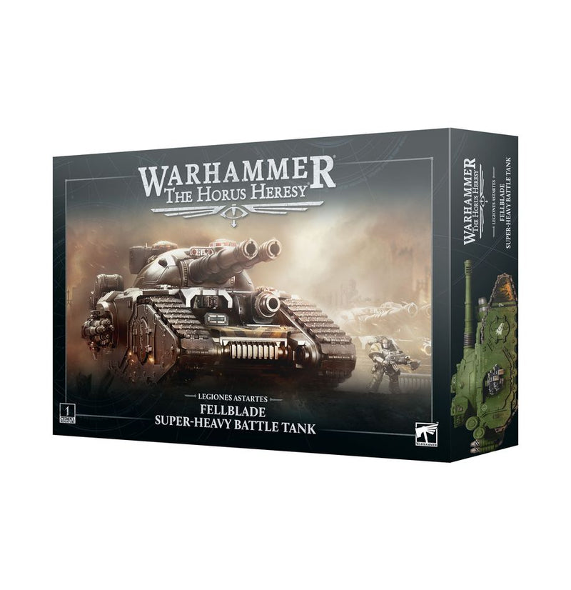 The Horus Heresy: Legiones Astartes - Fellblade Super-Heavy Battle Tank box shows dynamic battle art and a side view of components.