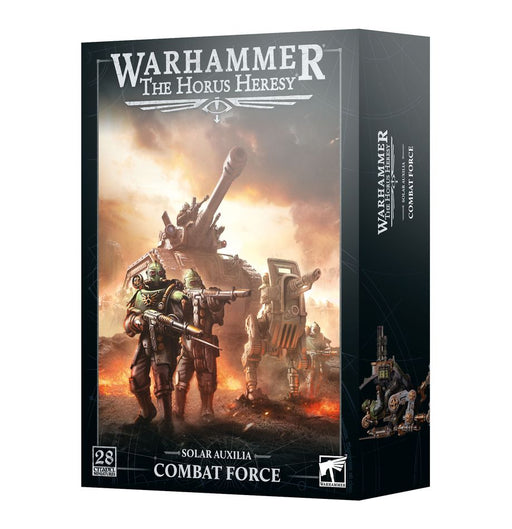 The box art for Horus Heresy: Solar Auxilia Combat Force shows dramatic scenes of miniatures and war machines in battle, highlighting this dynamic Warhammer plastic kit from Games Workshop.