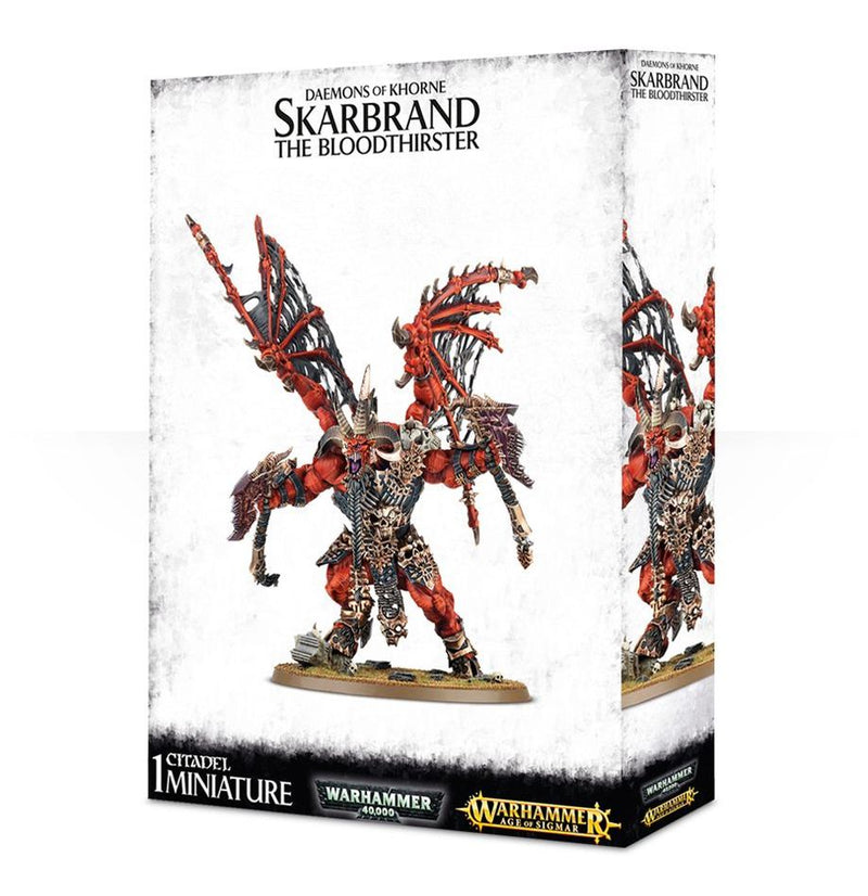 Box for Warhammer 40k/Age of Sigmar: Daemons of Khorne - Skarbrand by Games Workshop with a painted Bloodthirster model.