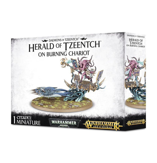 Box of Warhammer Age of Sigmar: Daemons of Tzeentch - Fateskimmer, Herald of Tzeentch on Burning Chariot miniatures, featuring a dynamic model that can be assembled as either a Herald of Tzeentch on a flaming, serpentine chariot or as a Fateskimmer. This versatile set is the perfect addition to any Tzeentch collection.