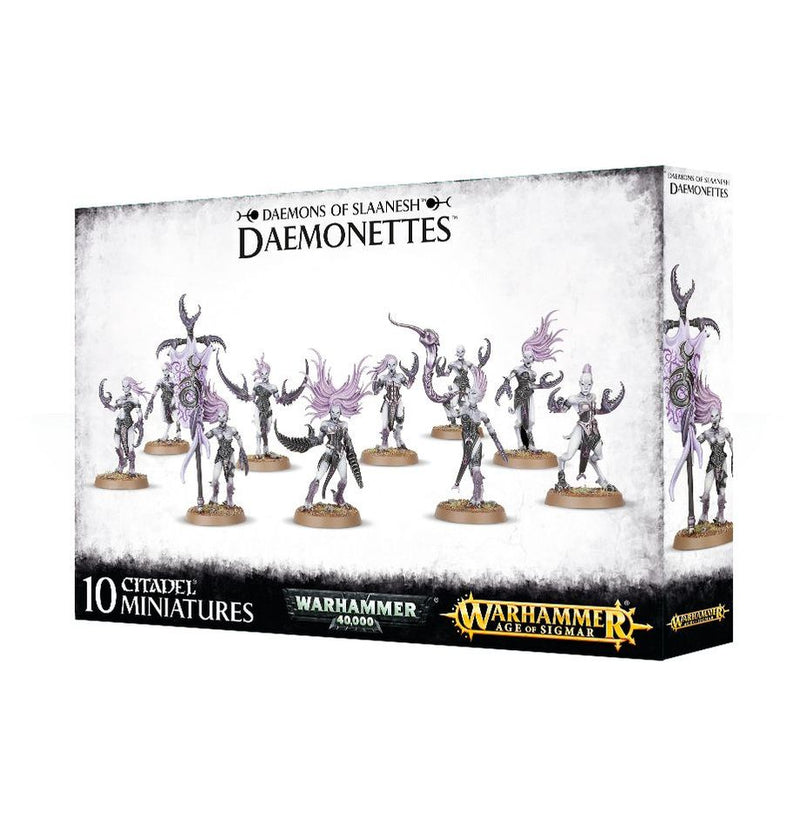 Box of Warhammer 40k/Age of Sigmar: Chaos Demons Daemonettes of Slaanesh, 10 painted miniatures on bases, white background.