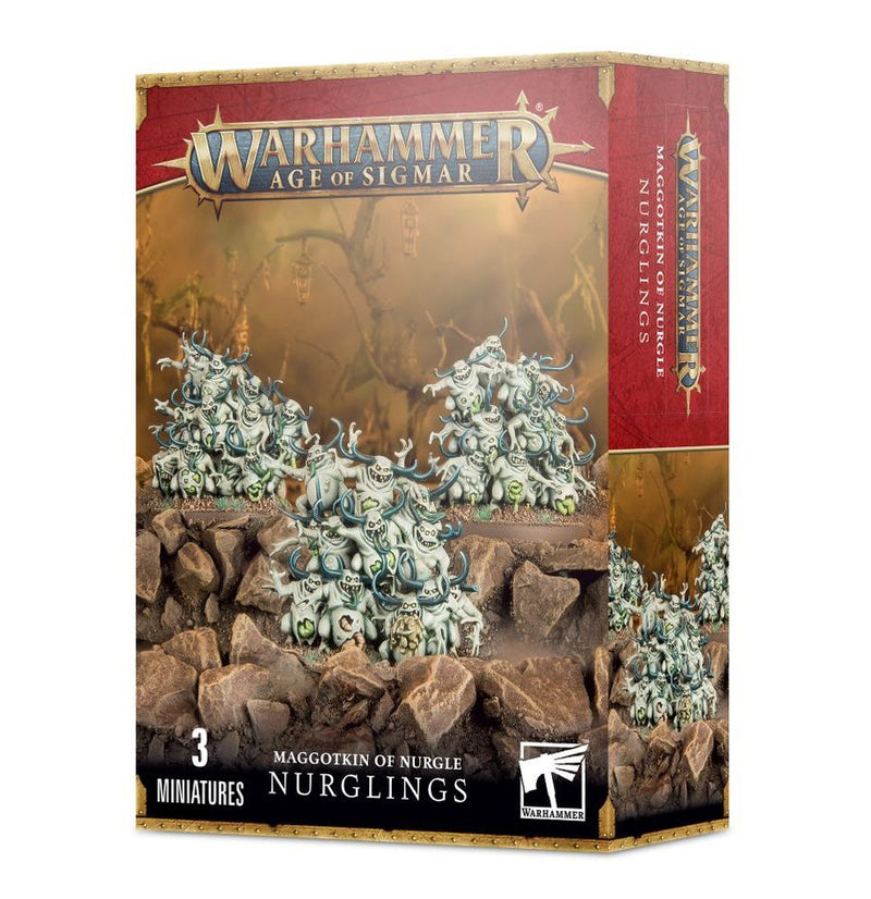 The Warhammer Age of Sigmar: Maggotkin of Nurgle - Nurglings box shows three mischievous green daemons on rocky terrain.