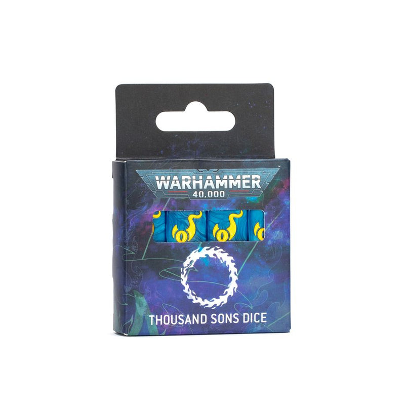 A box of Warhammer 40k: Thousand Sons - Dice, featuring blue Tzeentch-themed dice with yellow designs. The packaging showcases a mystical blue and purple theme, displaying the Thousand Sons logo and name on the front.