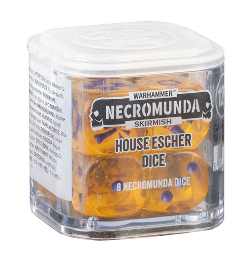 A clear plastic, cube-shaped box with a white lid contains eight yellow Necromunda: House Escher Dice featuring purple dots.