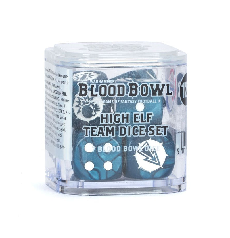 Blood Bowl High Elf Team Dice Set packaging on a white background