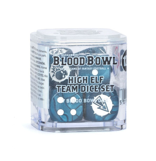 Blood Bowl High Elf Team Dice Set packaging on a white background