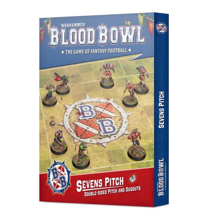Box for Blood Bowl: Sevens Pitch, featuring a fantasy football field setup with Games Workshop miniatures in action. The cover displays the Blood Bowl logo and highlights the product as a double-sided card pitch and dugouts set.