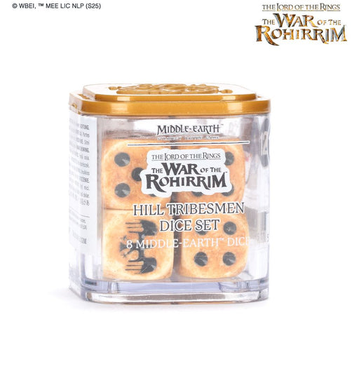 A clear plastic container holds eight gold dice with black markings. The label reads: “LOTR: Middle Earth Strategy Game: Hill Tribesmen Dice Set. 8 Middle-earth Dice.” Perfect for fans of the Middle-earth Strategy Battle Game, these dice are produced by Games Workshop.