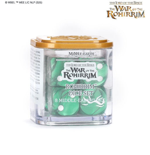 A clear box with a gold lid holds eight green dice. The label reads LOTR: Middle Earth Strategy Game: Rohirrim Dice Set, 8 Middle-Earth Dice. Ideal for fans of the Middle-earth Strategy Battle Game, these Rohan dice are a great addition to any Games Workshop collection.