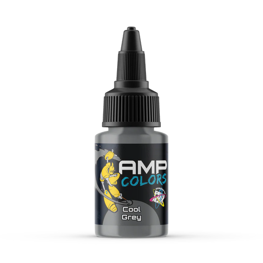 A 22ml bottle of Monument Hobbies Pro Acryl AMP Colors “Cool Grey” ink with a black cap, yellow gecko, on white background.