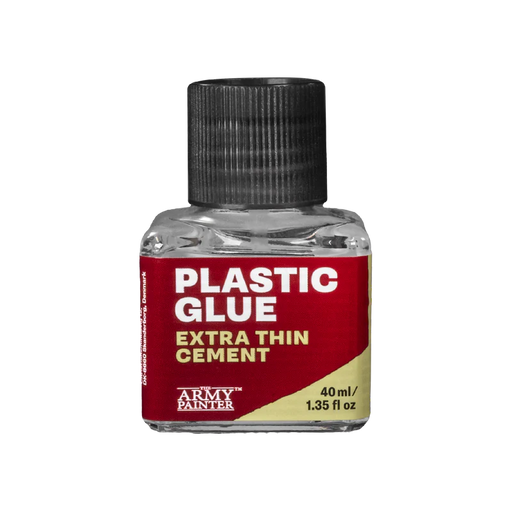 A small plastic bottle labeled Army Painter: Miniature Plastic Glue – Extra Thin Cement (40ml) with a black ribbed cap. The label features red and gold colors, displaying 40 ml / 1.35 fl oz. This glue uses a poly-weld formula, making it ideal for assembling miniatures.