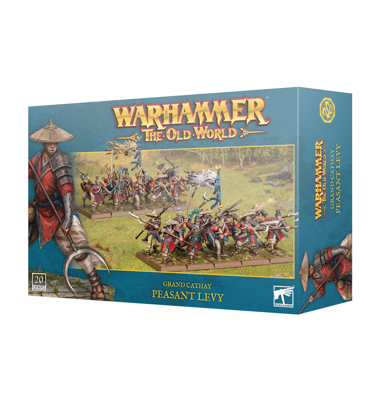 A box of Warhammer The Old World: Grand Cathay - Peasant Levy miniatures, with intricately detailed warriors equipped with spears and traditional hats, perfect for your next tabletop battle.