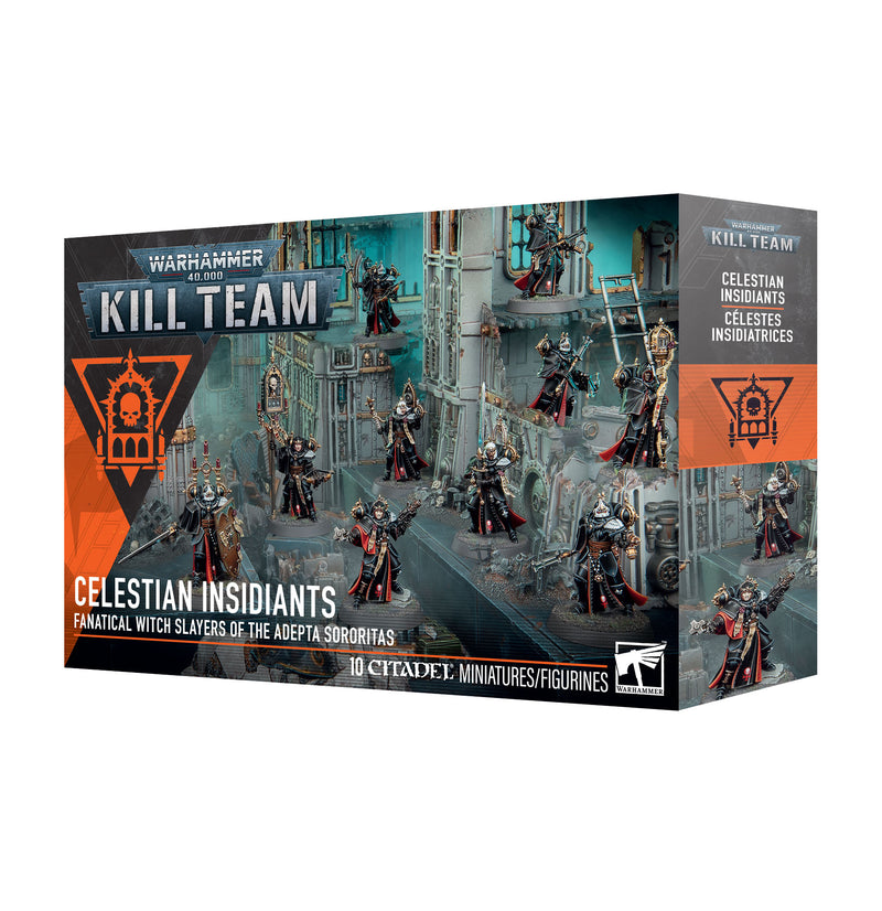 Warhammer 40k: Kill Team - Celestian Insidiants box with detailed Adepta Sororitas miniatures for gothic sci-fi assembly and painting.