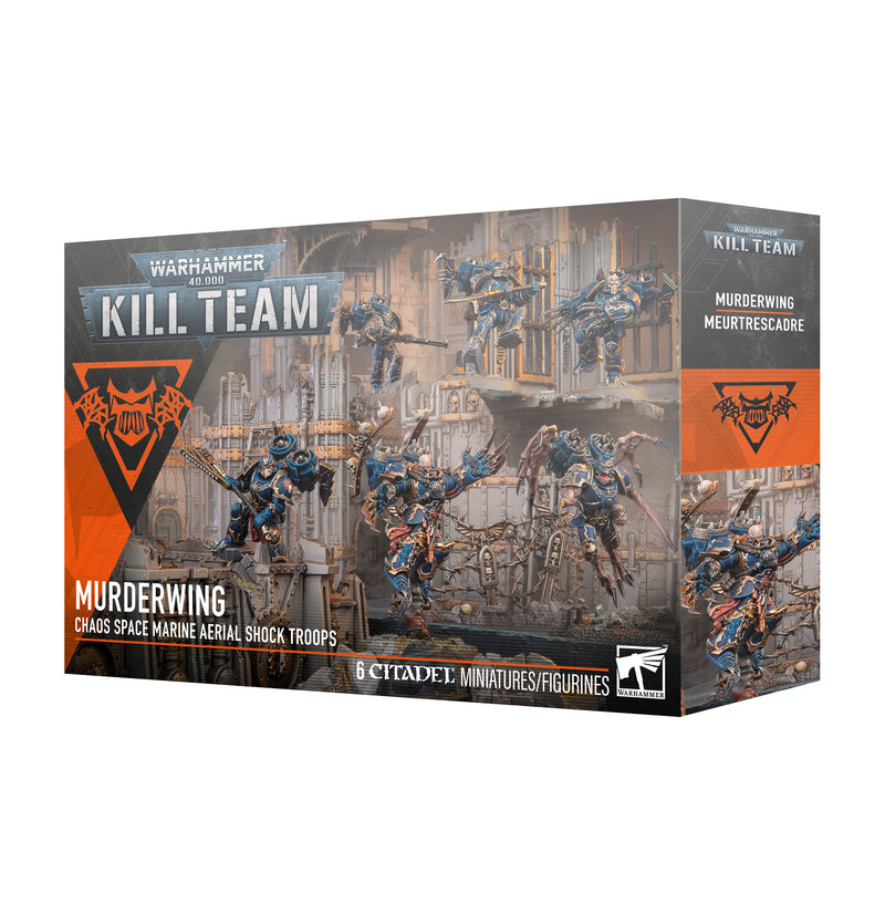 Warhammer 40k: Kill Team – Murderwing box featuring Chaos Space Marines miniatures posed as aerial shock troops, with painted models soaring above a ruined city backdrop.