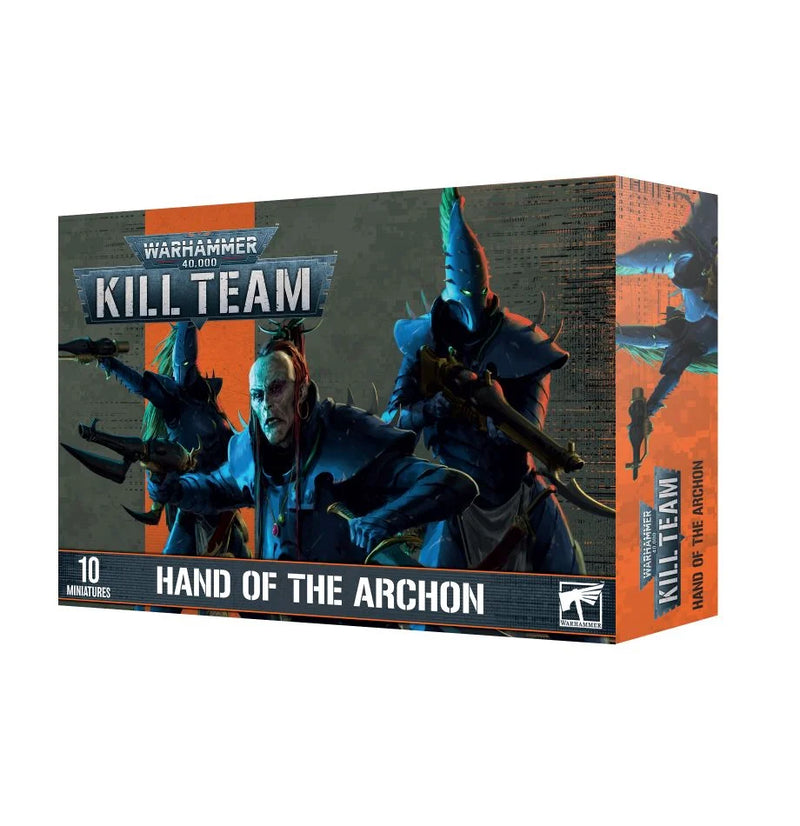 The Warhammer 40k: Kill Team - Hand of the Archon (Legacy Box) features a box design depicting three armored, masked figures wielding weapons amid dark blue and orange highlights, marked with “10 miniatures.” The set includes plastic components and Citadel 25mm Round Bases.