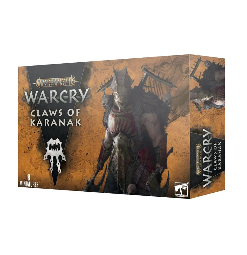 Warcry: Claws of Karanak includes 8 detailed plastic miniatures, packaged with dark fantasy artwork depicting a monstrous warrior.