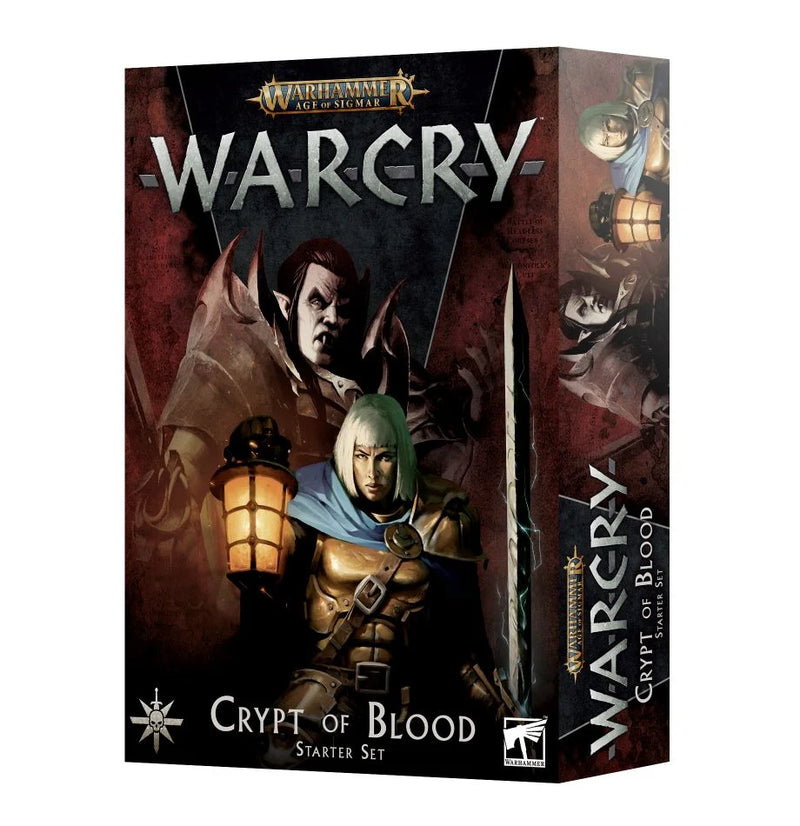 Box cover of the Warcry: Crypt of Blood Starter Set with fantasy warriors, including a vampire-like figure and Stormcast Eternal.