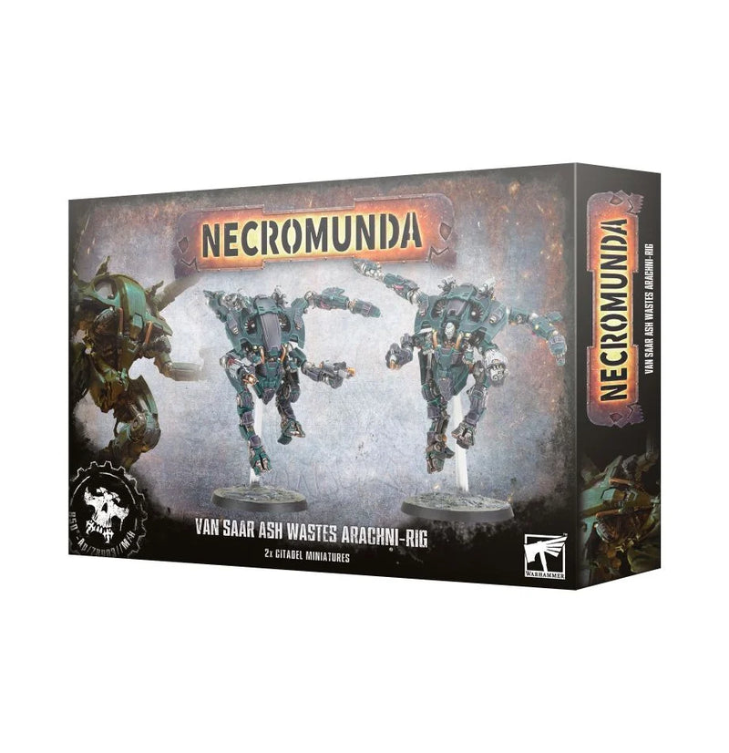 Box of Necromunda: Van Saar Ash Wastes Arachni-rig miniatures, featuring highly detailed models of Van Saar Ash Wastes Arachni-rigs prominently displayed on the front. The packaging sports a dark, industrial design and includes assembly and painting guides along with recommended Citadel paints.