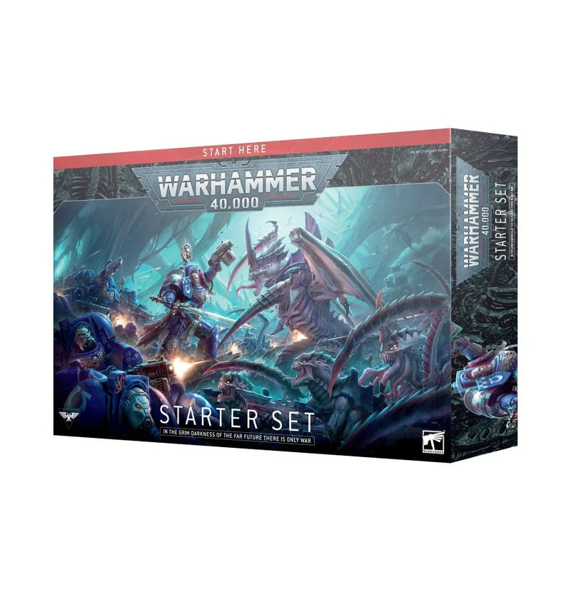 The Warhammer 40k: Starter Set features dramatic sci-fi art of Space Marines fighting aliens and includes Citadel miniatures.