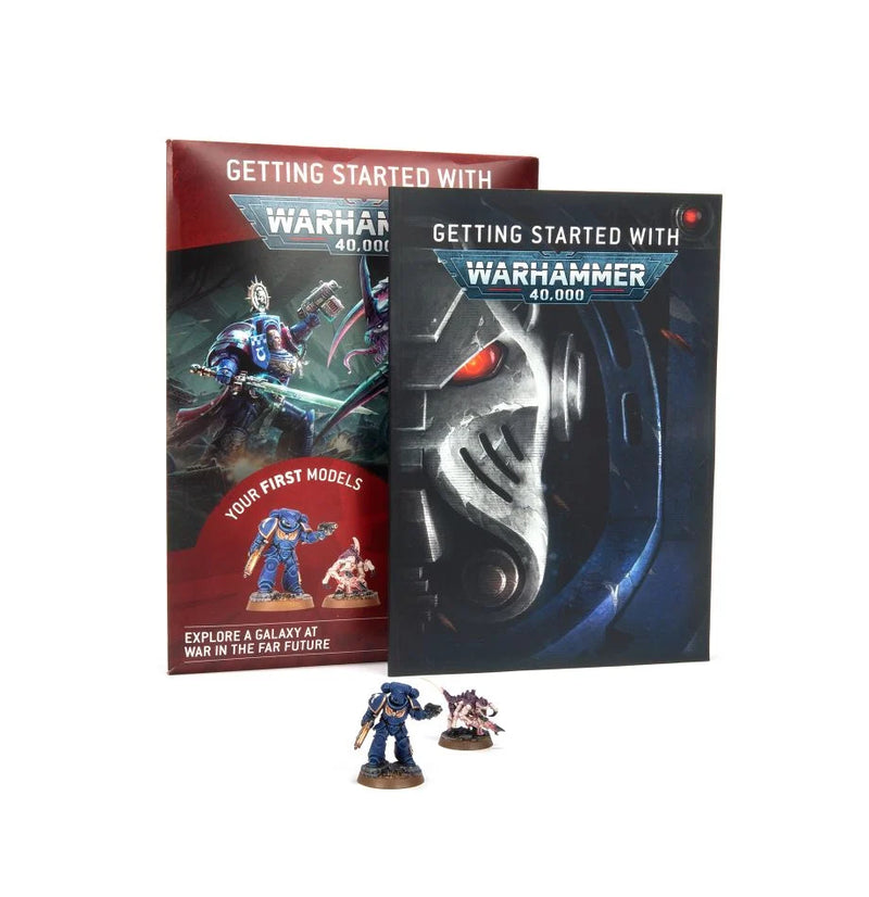 Warhammer 40k: Getting Started with Warhammer 40k starter set, featuring two Warhammer miniatures, a booklet, and a box with sci-fi artwork and the text: "Getting Started with Warhammer 40,000.