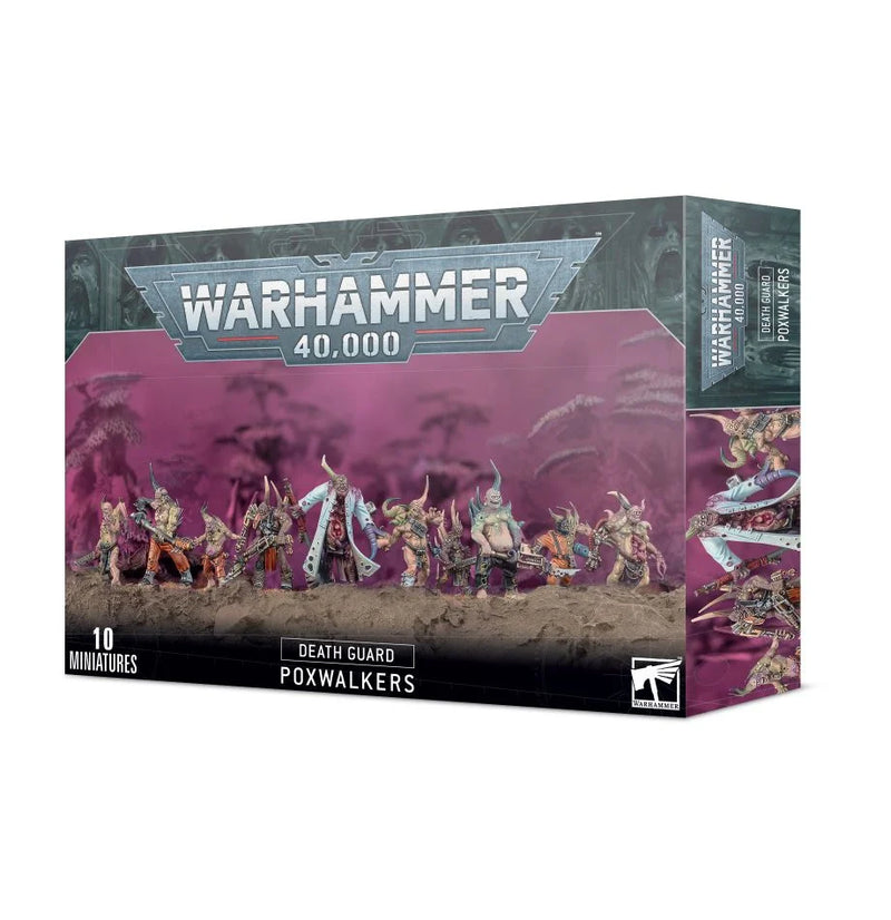The Warhammer 40k: Death Guard - Poxwalkers box shows 10 zombie-like miniatures with Warhammer 40,000 branding on display.