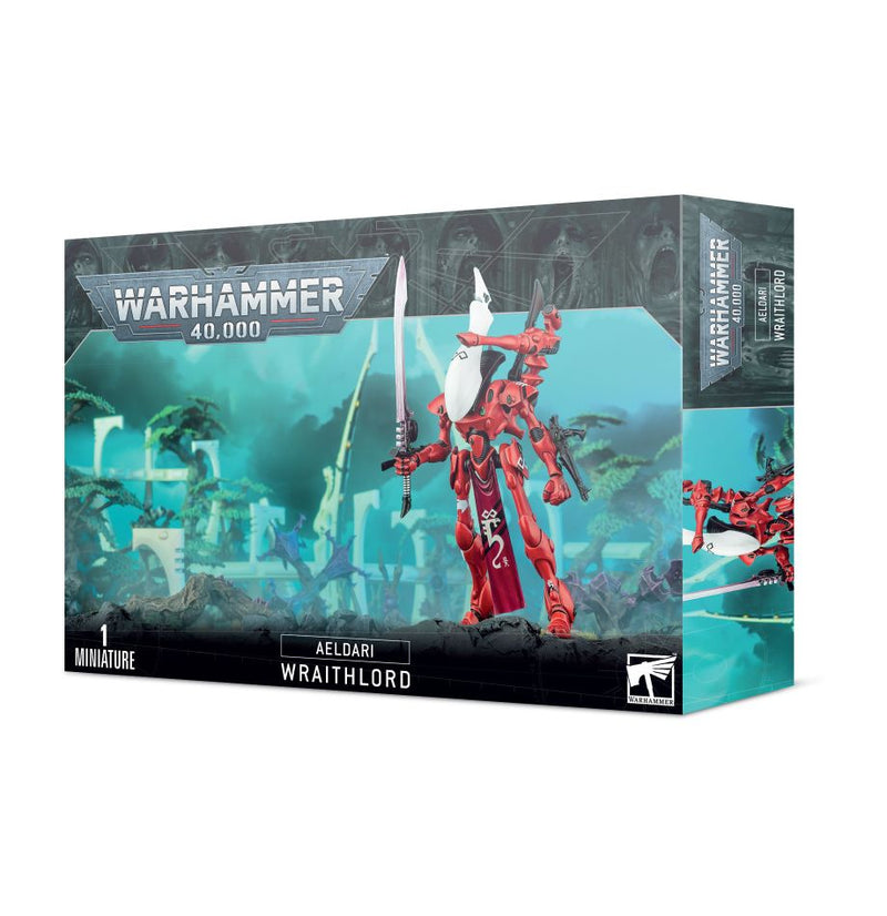 Box of Warhammer 40k: Aeldari Wraithlord with a red Wraithlord model, sword and gun, sci-fi ruins, blue-green background. Text: Warhammer 40k: Aeldari Wraithlord, 1 Miniature.