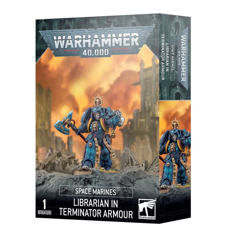 Box art for Warhammer 40k: Space Marine Librarian in blue and gold Terminator armour, staff and book, sci-fi ruined city backdrop.