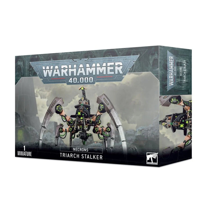 A Warhammer 40k: Necrons – Triarch Stalker box from Games Workshop, featuring artwork of the mechanical walker set against a cloudy, futuristic landscape.