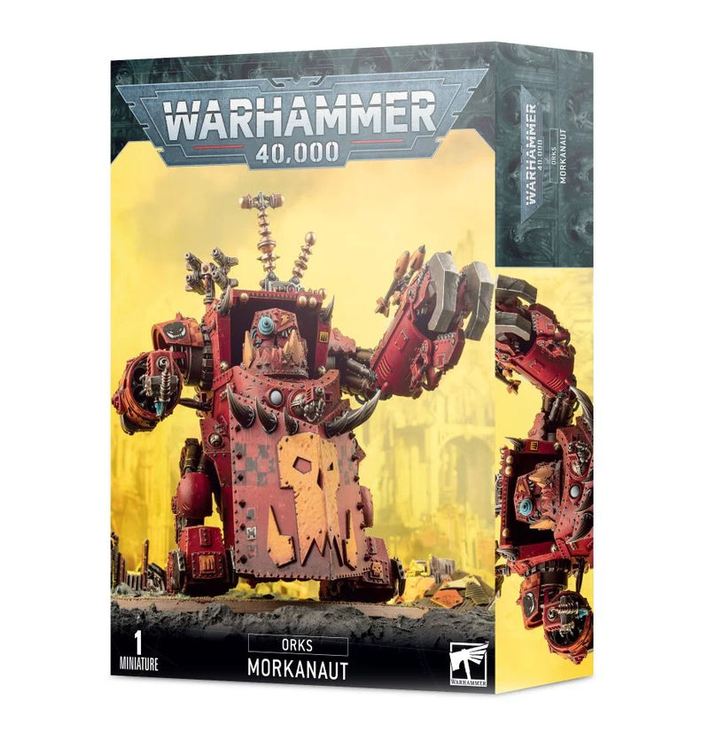Box of Warhammer 40k: Ork Morkanaut miniature, showing a red and yellow armored orc mech with mechanical arms and weapons on a battle-worn yellow background.