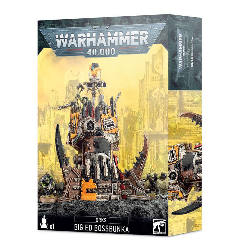 Box art for Warhammer 40k: Orks - Big’ed Bossbunka shows a huge, armored orky bunker with weapons and Orks in a ruined city.