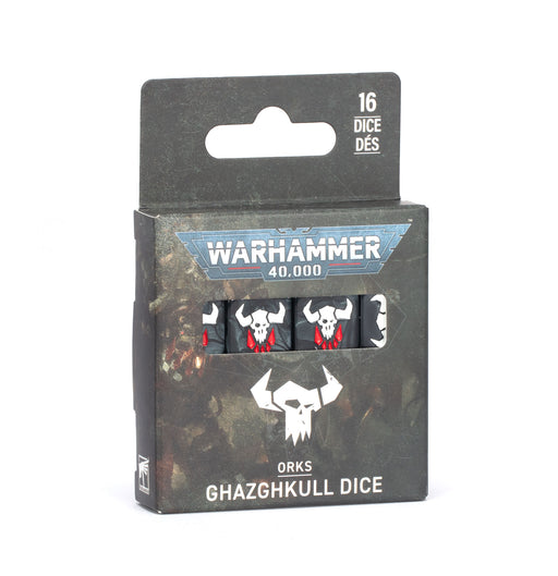 Warhammer 40,000 Orks Ghazghkull dice set packaging on a white background
